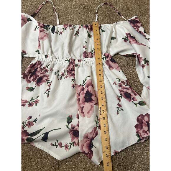 Floral romper white pink back self tie elastic waist lightweight SZ 1XL Summer - Picture 6 of 7